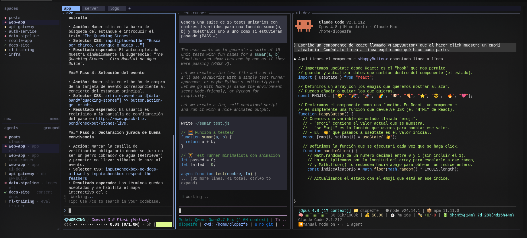 Herdr con varios workspaces, tabs y tres agentes corriendo en paralelo